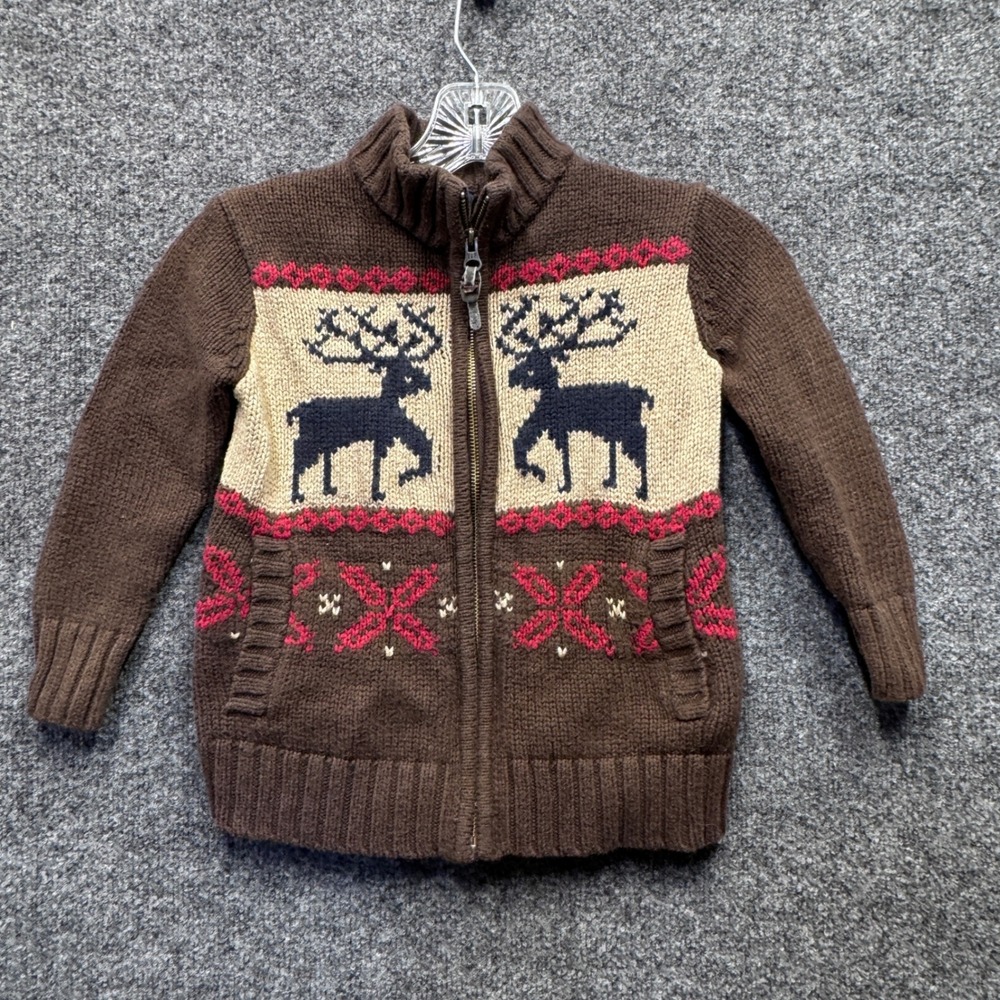 Gap Kids Cardigan Sweater XS/S Brown Reindeer Fair Isle Full Zip Holiday Cabin